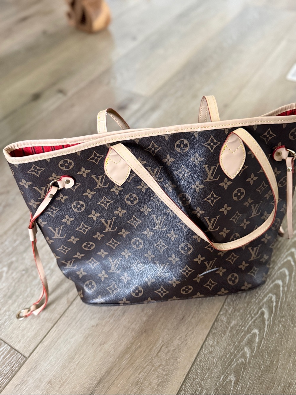Not Real/Louis Vuitton Monogram Canvas Tote with Cream Trim and Red Interior